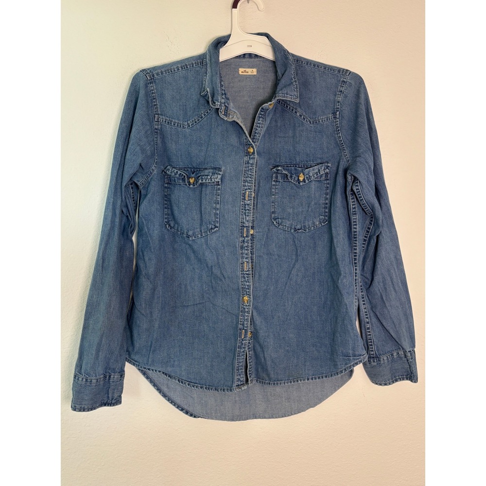 Hollister Womens Medium Wash Denim Western Button Down Shirt Medium High Low Hem
